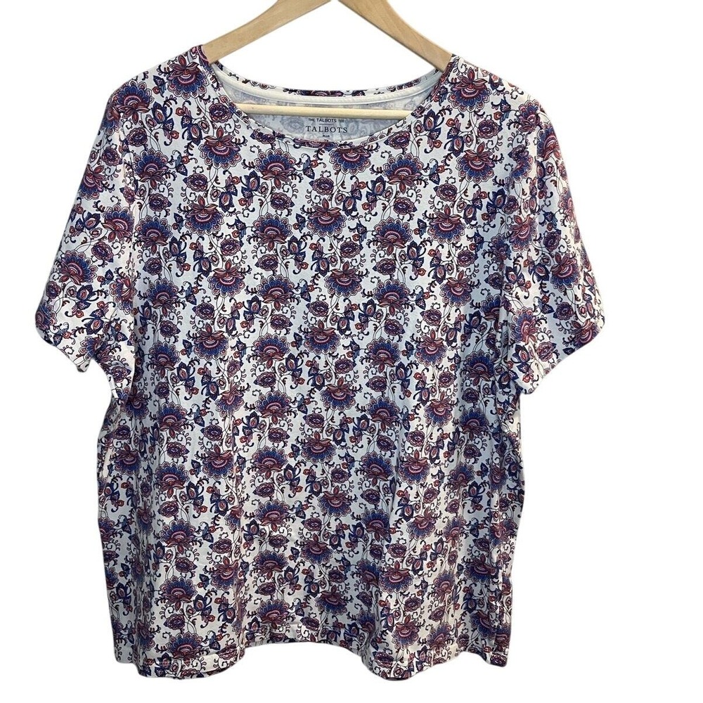 Talbots Womens Plus Size Floral Paisley‎ Short Sleeve Crew Neck Cotton Tee Shirt